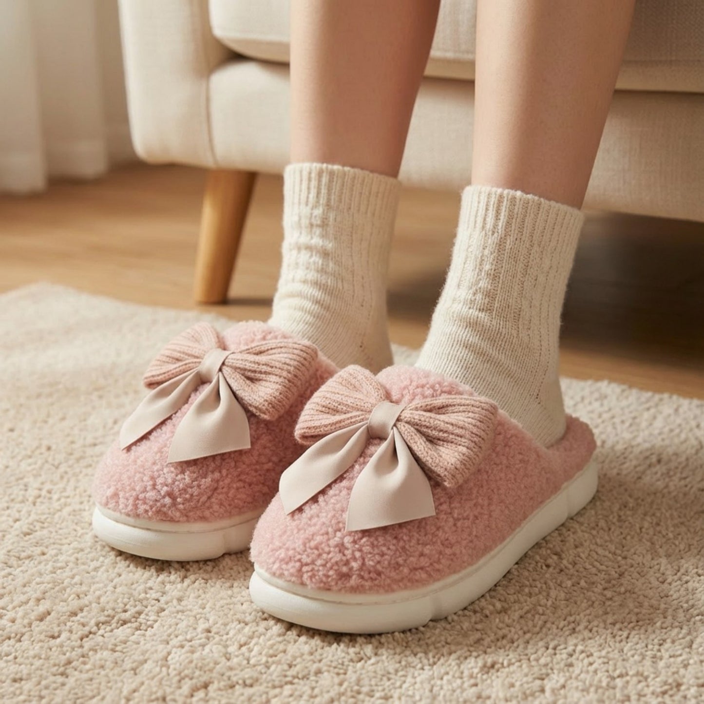 Plush Mule House Slippers with Valentine Oversized Bow Accent and Soft Cushioned Footbed