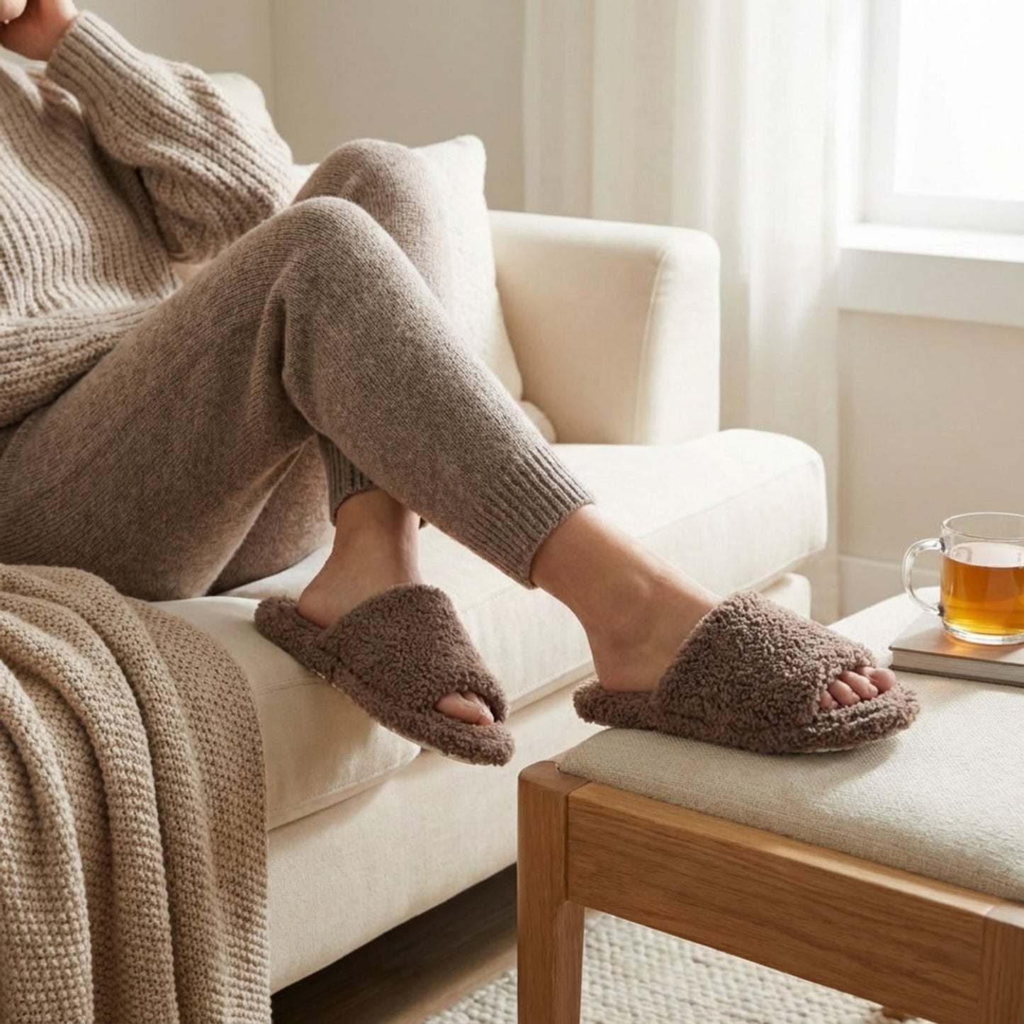 Plush Slide House Slippers with Soft Textured Upper and Cushioned Comfort Footbed