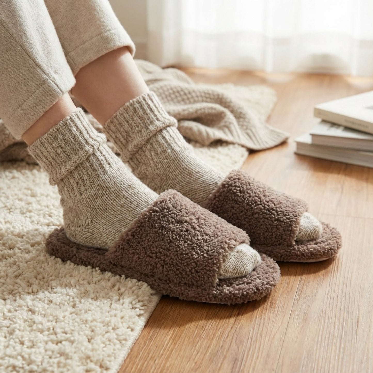 Plush Slide House Slippers with Soft Textured Upper and Cushioned Comfort Footbed