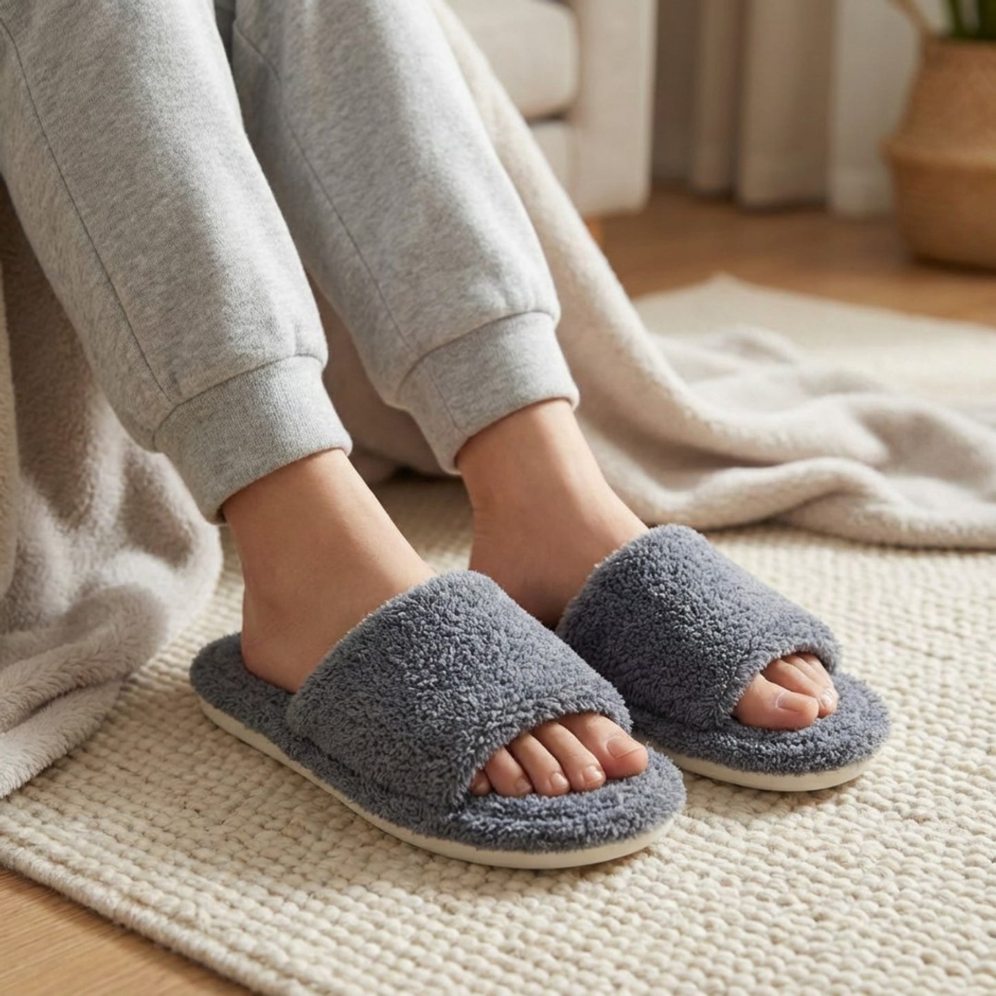 Plush Slide House Slippers with Soft Textured Upper and Cushioned Comfort Footbed