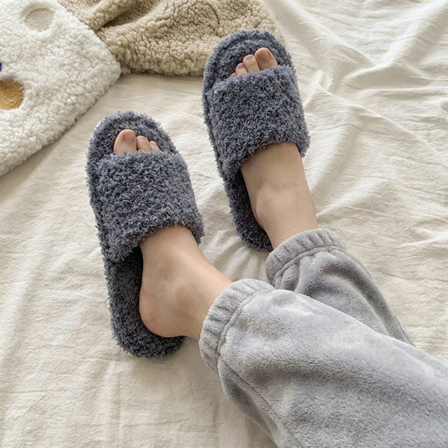 Plush Slide House Slippers with Soft Textured Upper and Cushioned Comfort Footbed