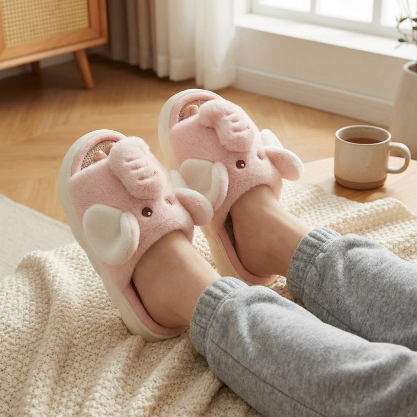 Plush Animal Slide House Slippers with Elephant Design and Soft Cushioned Footbed