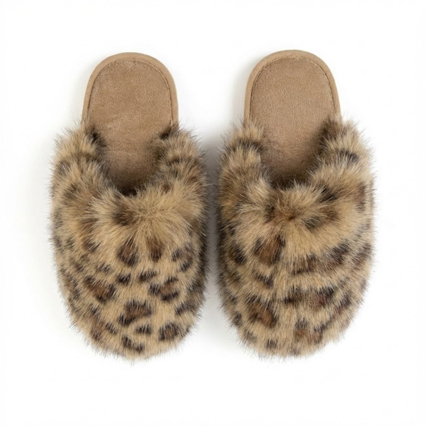 Plush Leopard Print Faux Fur Mule Slippers with Cushioned Footbed