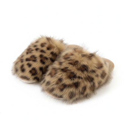 Plush Leopard Print Faux Fur Mule Slippers with Cushioned Footbed