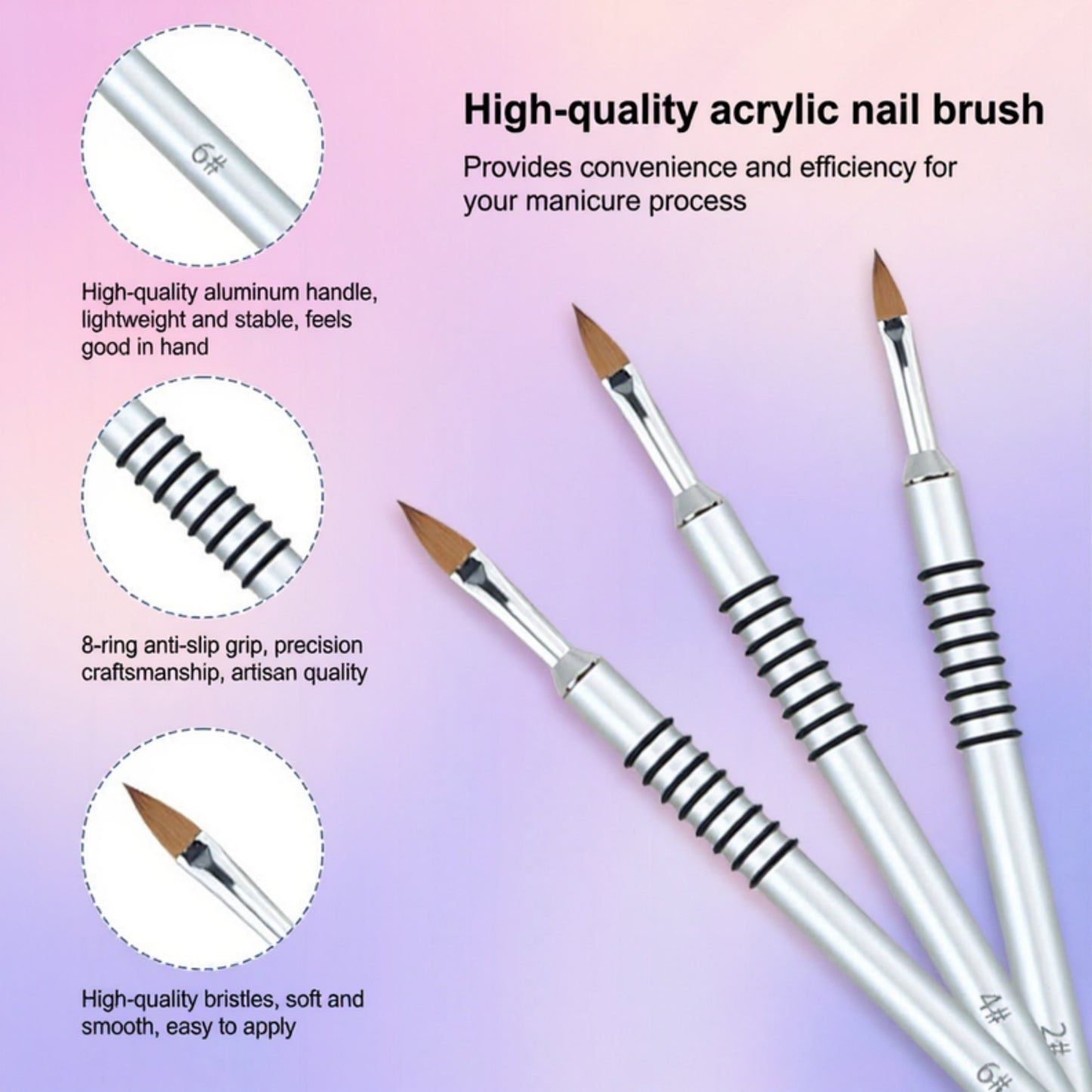 3-Piece Nail Art Brush Set with Pointed Detail Tips for Acrylic Gel Application and Precision Design