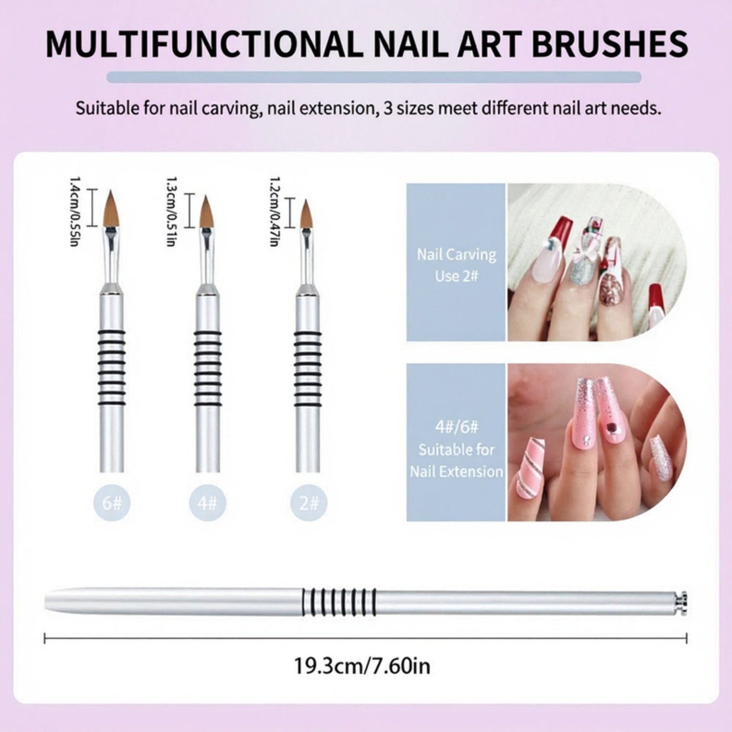 3-Piece Nail Art Brush Set with Pointed Detail Tips for Acrylic Gel Application and Precision Design