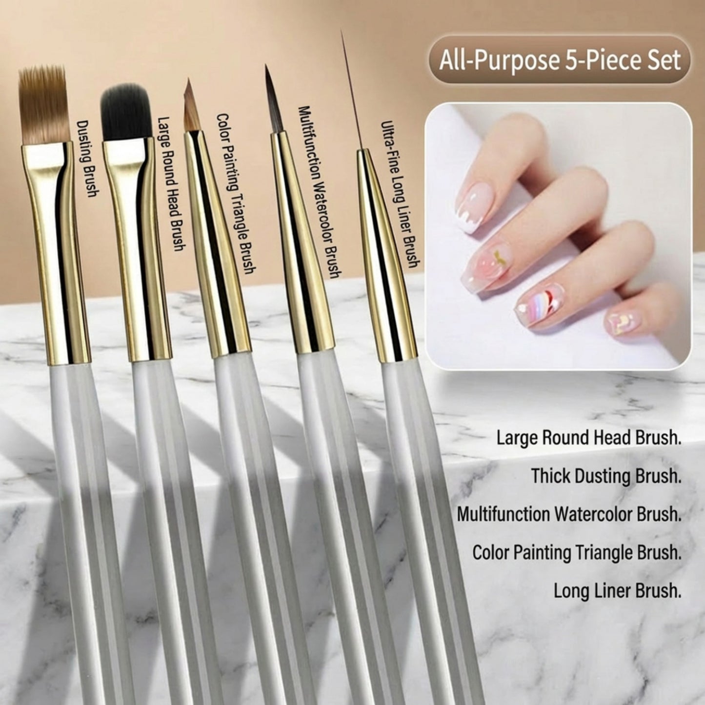 5-Piece Nail Art Brush Set with Flat Gel Brush Angled Detail Brush Fine Liner and Precision Needle Tool