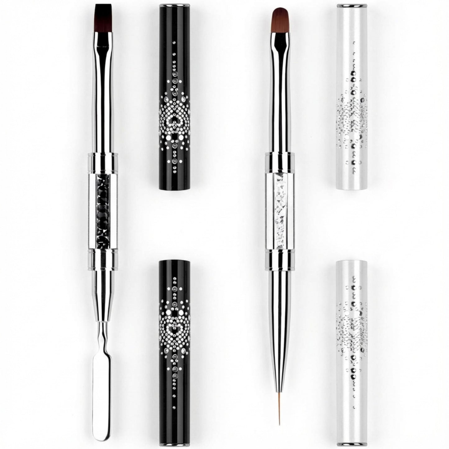 Dual-Ended Rhinestone Nail Art Brush Set with Flat Gel Brush Precision Liner and Spatula Tool