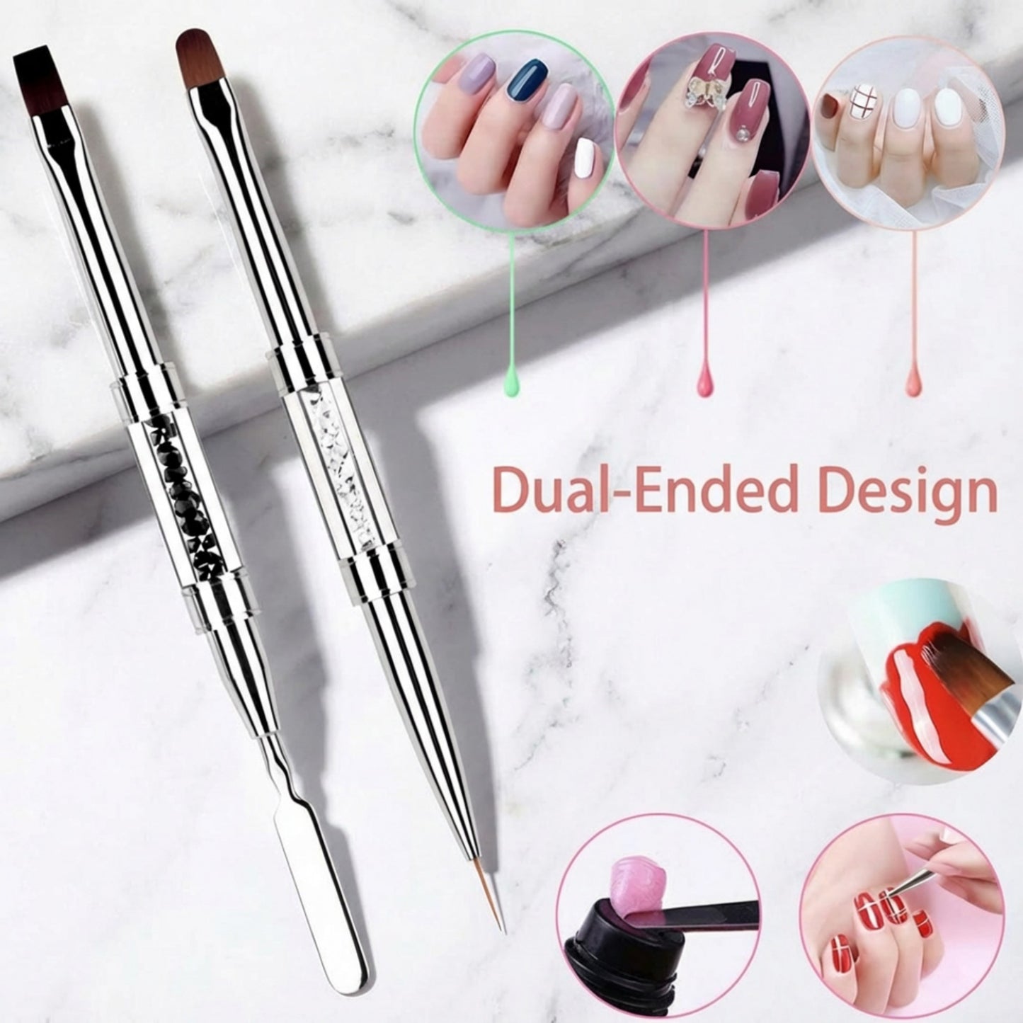Dual-Ended Rhinestone Nail Art Brush Set with Flat Gel Brush Precision Liner and Spatula Tool