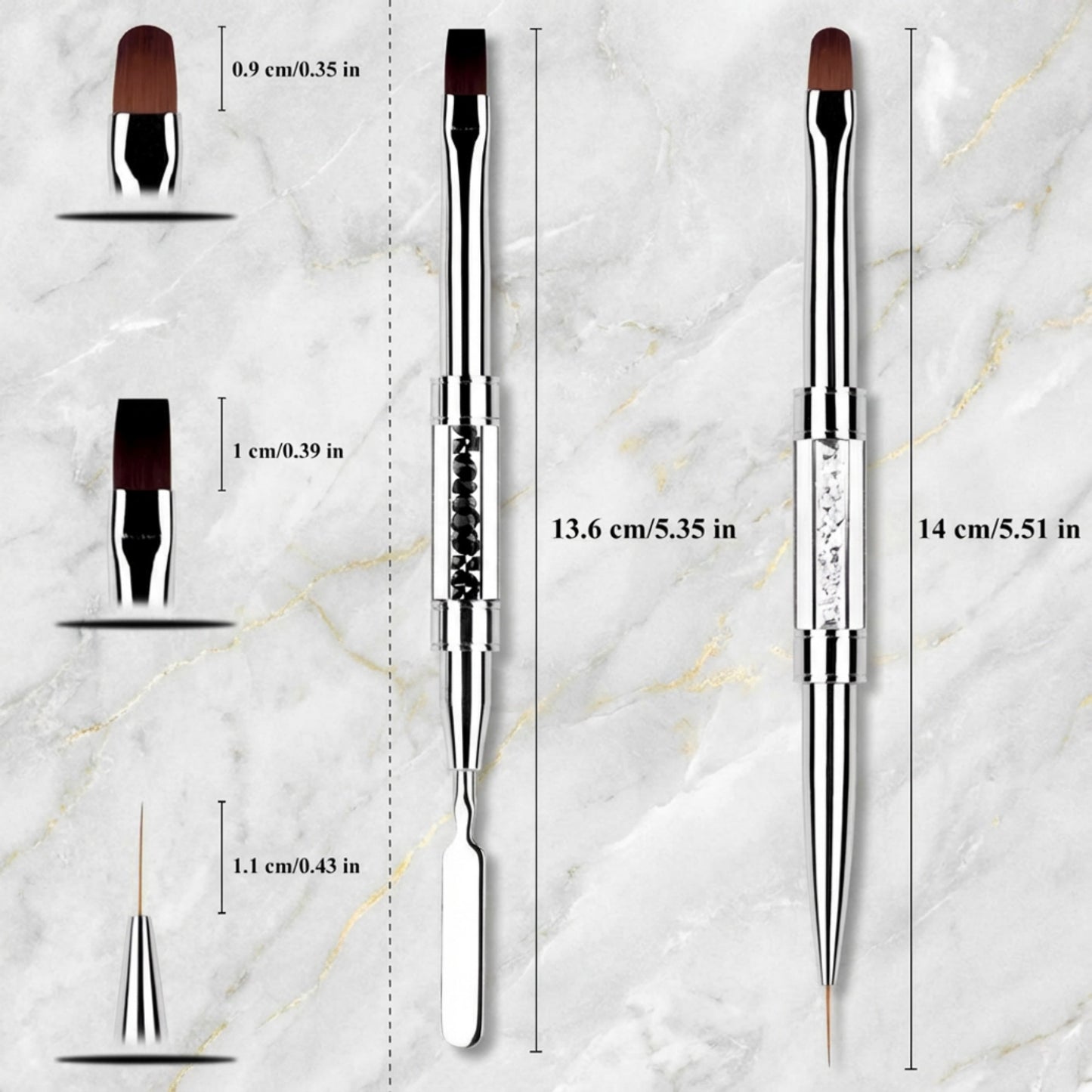Dual-Ended Rhinestone Nail Art Brush Set with Flat Gel Brush Precision Liner and Spatula Tool