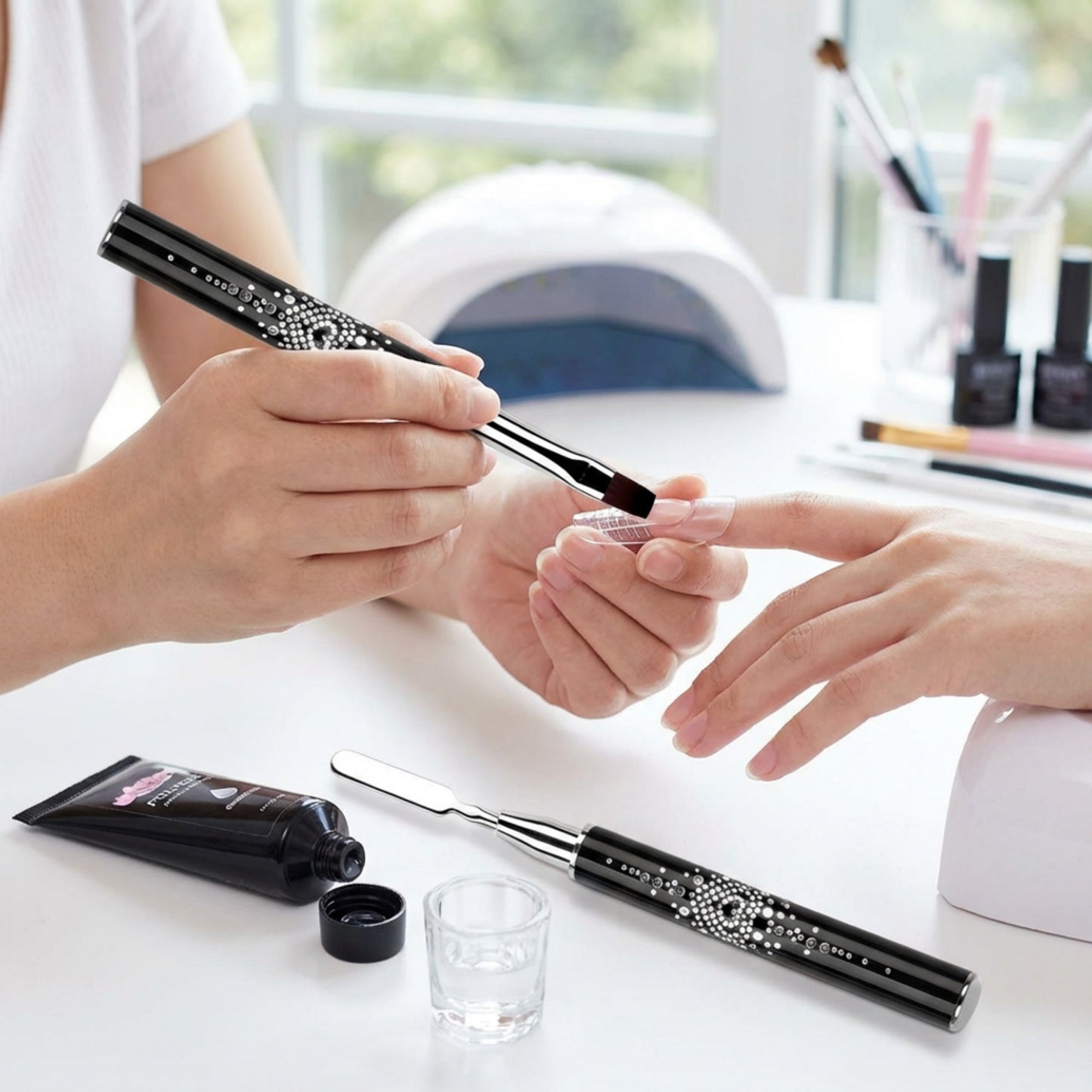 Dual-Ended Rhinestone Nail Art Brush Set with Flat Gel Brush Precision Liner and Spatula Tool