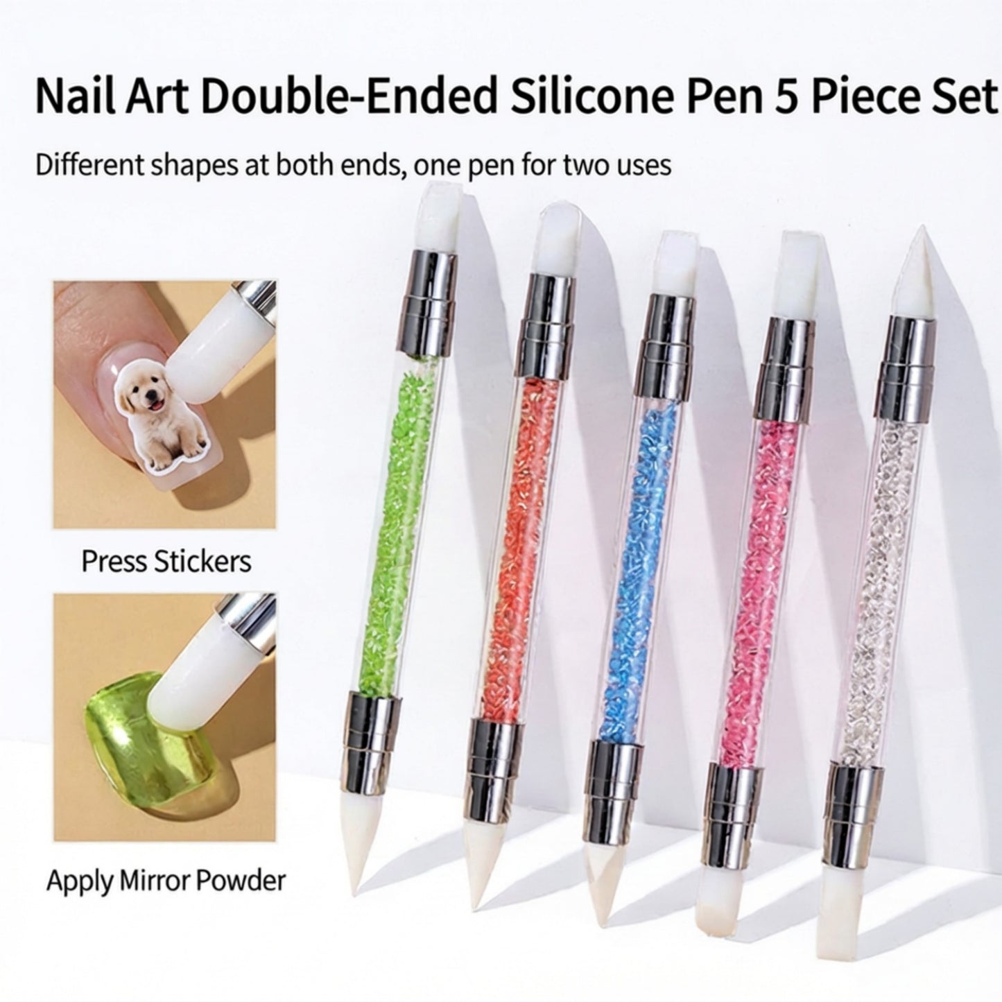5-Piece Silicone Nail Art Tool Set with Dual-Ended Tips for Gel Sculpting Detailing and Nail Design