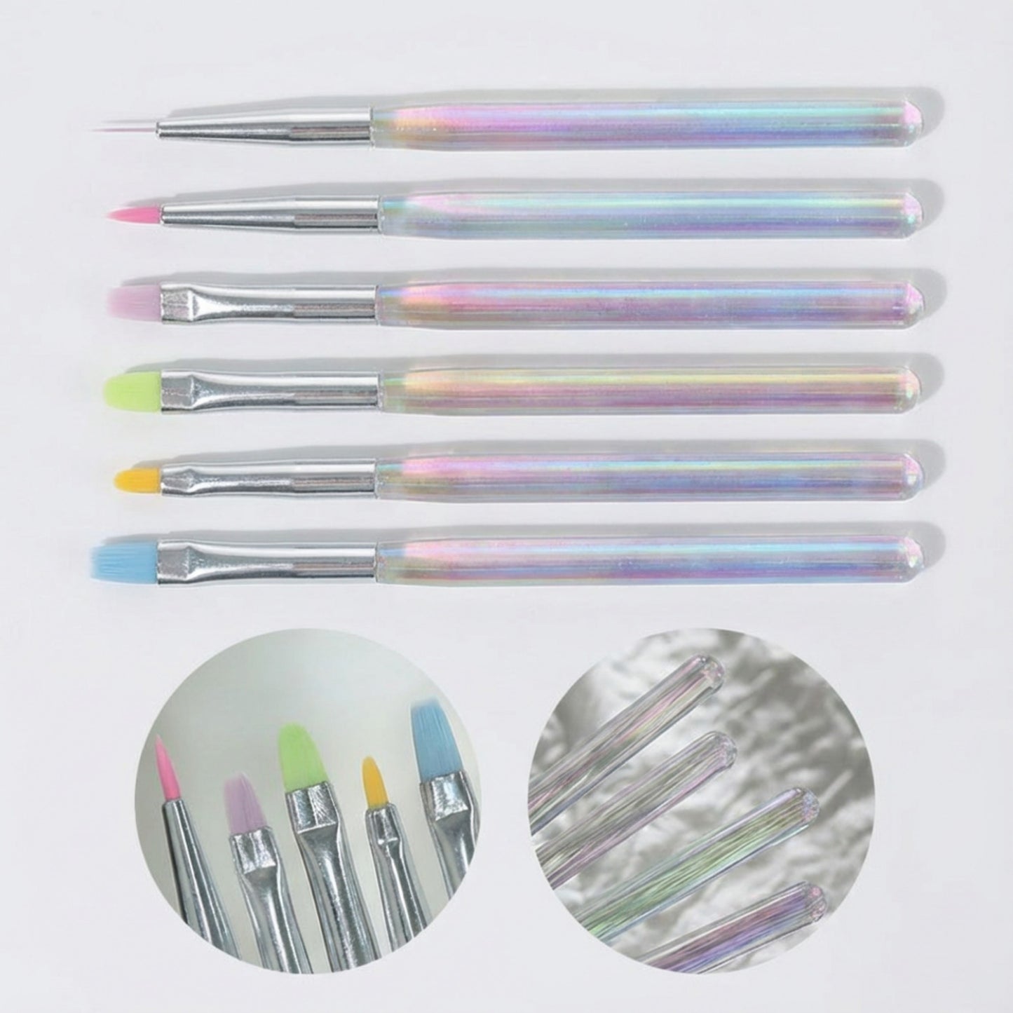 6-Piece Nail Art Brush Set with Iridescent Acrylic Handles and Precision Tips for Gel Acrylic and Nail Design