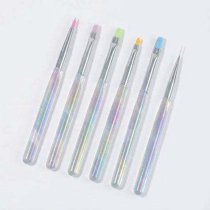 6-Piece Nail Art Brush Set with Iridescent Acrylic Handles and Precision Tips for Gel Acrylic and Nail Design