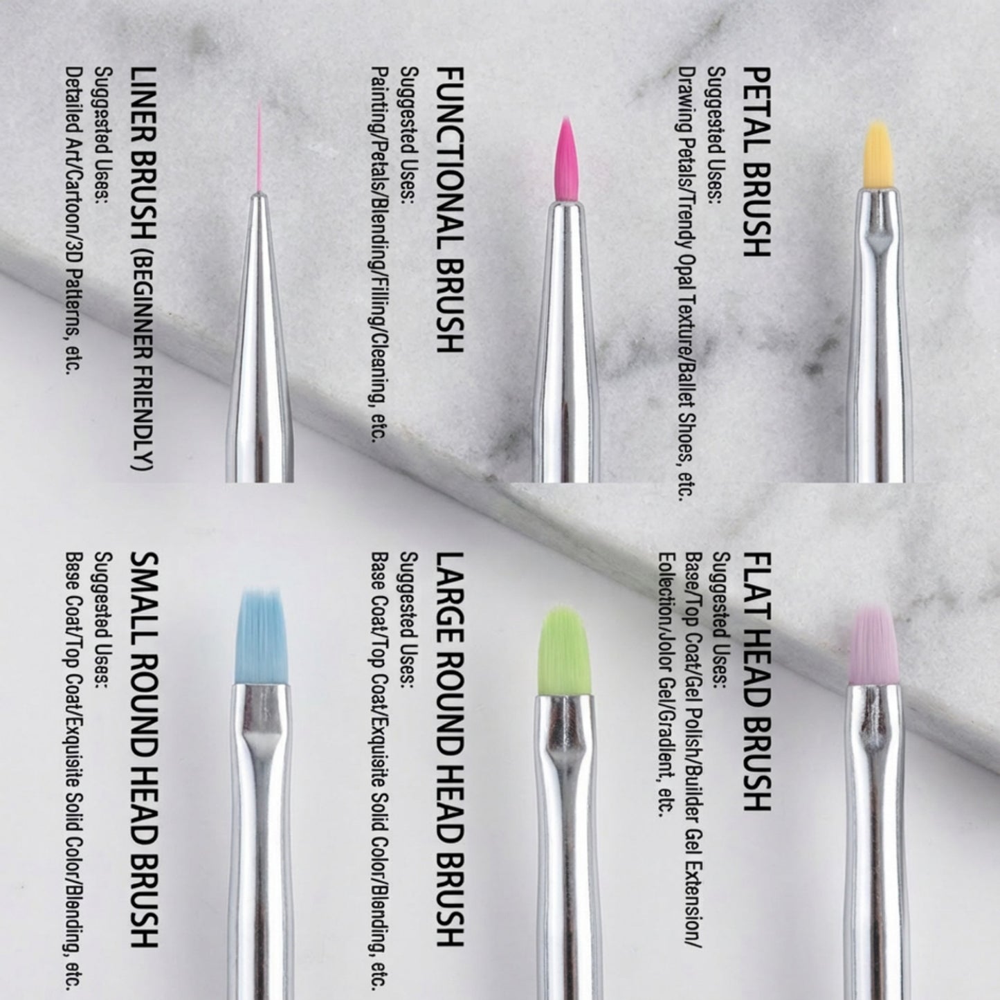 6-Piece Nail Art Brush Set with Iridescent Acrylic Handles and Precision Tips for Gel Acrylic and Nail Design