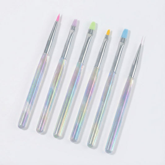 6-Piece Nail Art Brush Set with Iridescent Acrylic Handles and Precision Tips for Gel Acrylic and Nail Design
