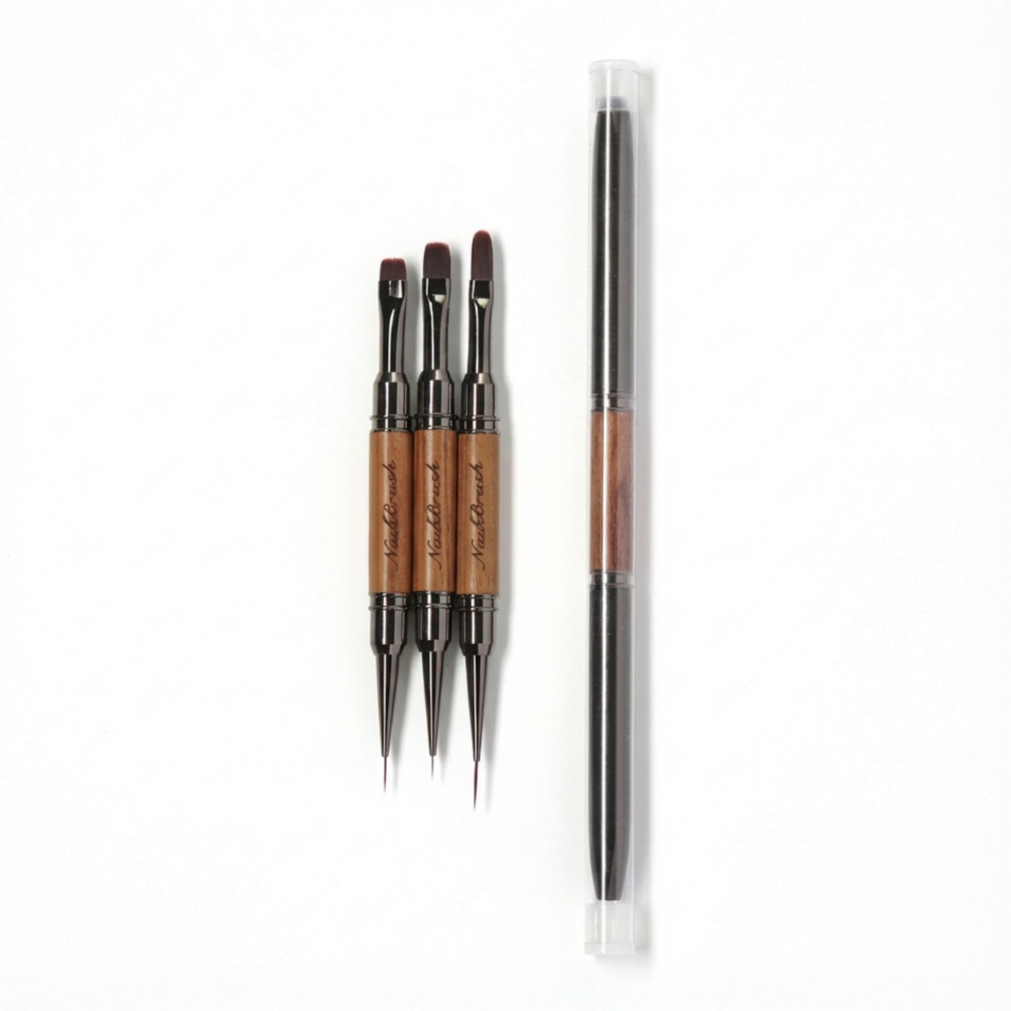 3-Piece Double-Ended Nail Art Brush Set with Wood Handles and Fine Detail Tips for Gel Acrylic and Nail Design