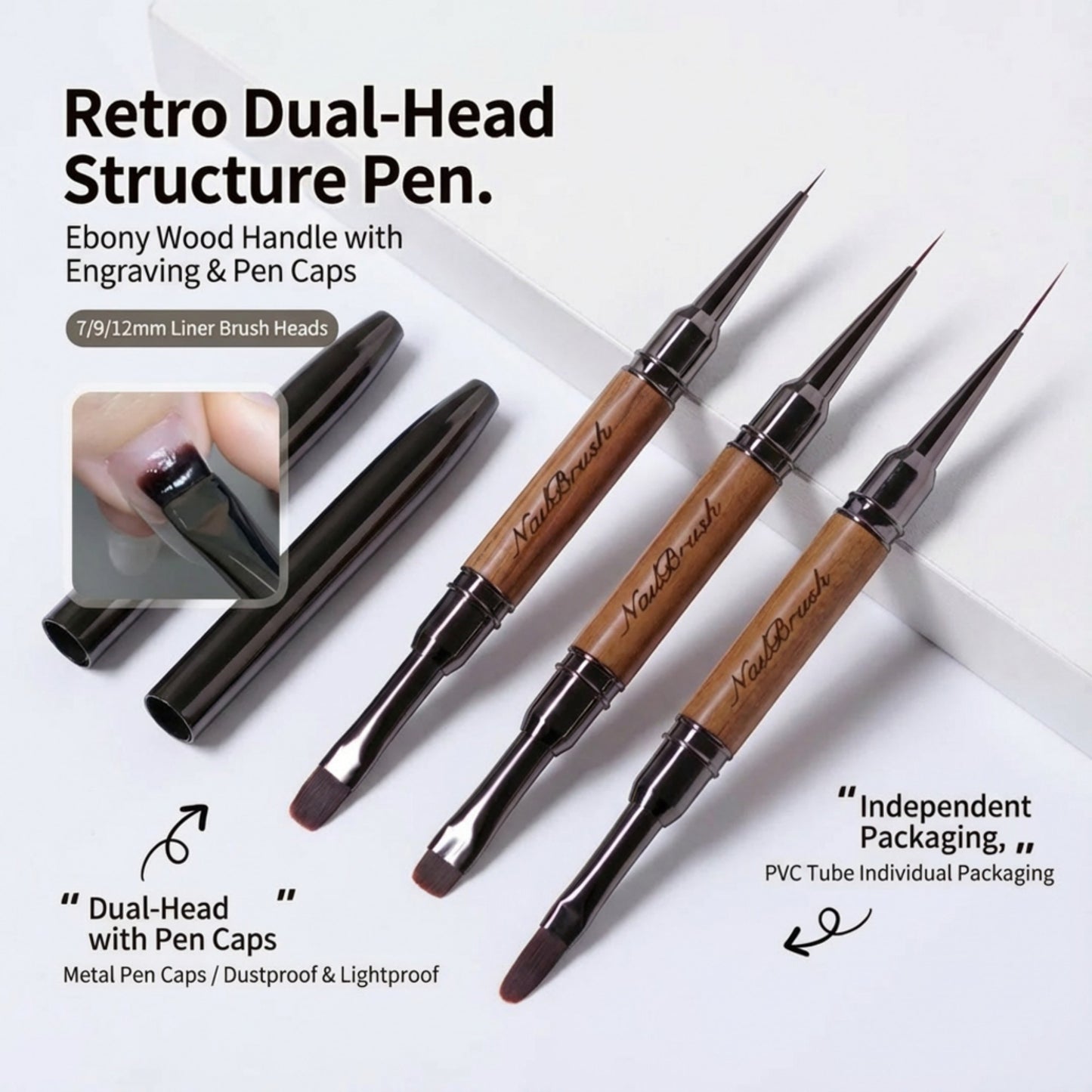 3-Piece Double-Ended Nail Art Brush Set with Wood Handles and Fine Detail Tips for Gel Acrylic and Nail Design