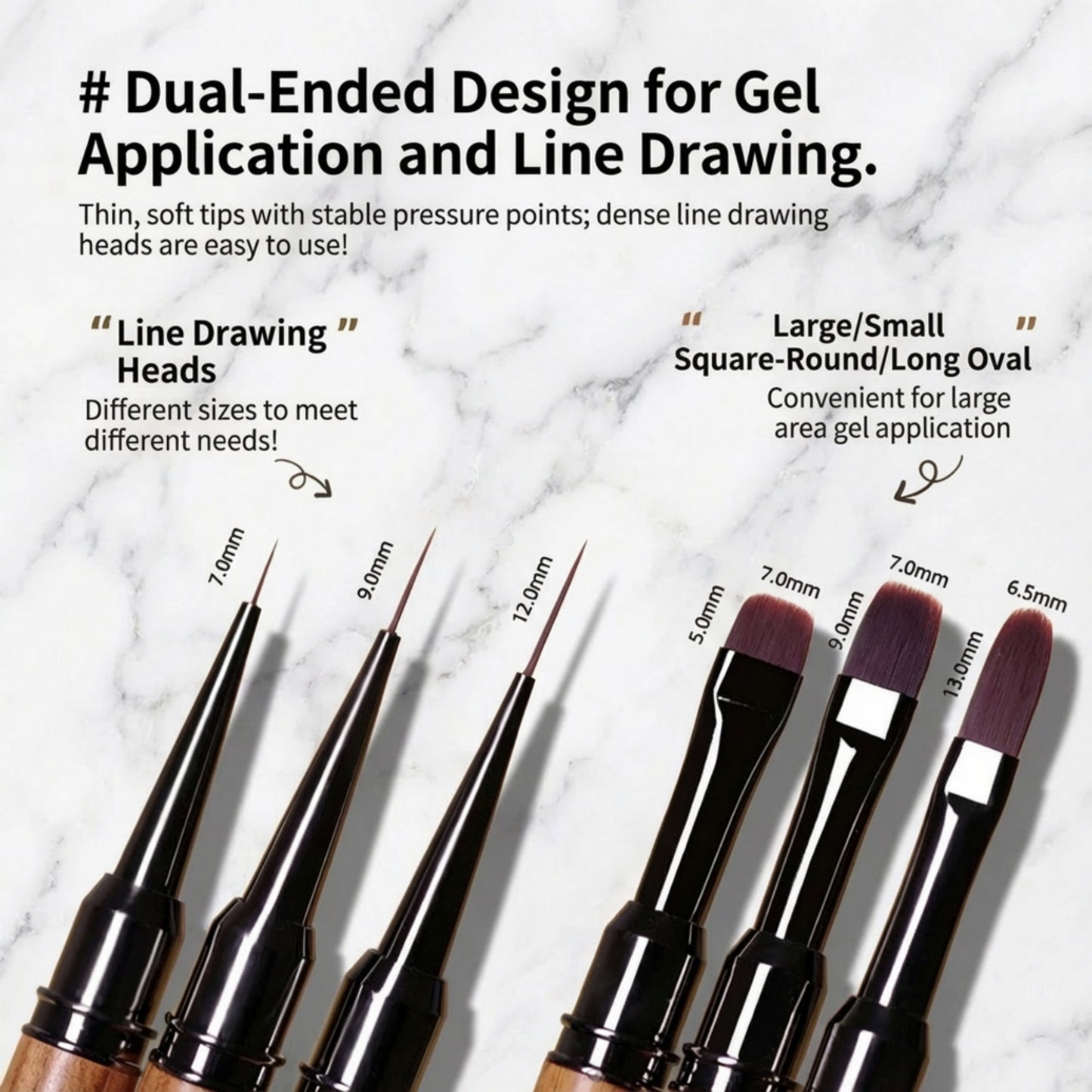 3-Piece Double-Ended Nail Art Brush Set with Wood Handles and Fine Detail Tips for Gel Acrylic and Nail Design