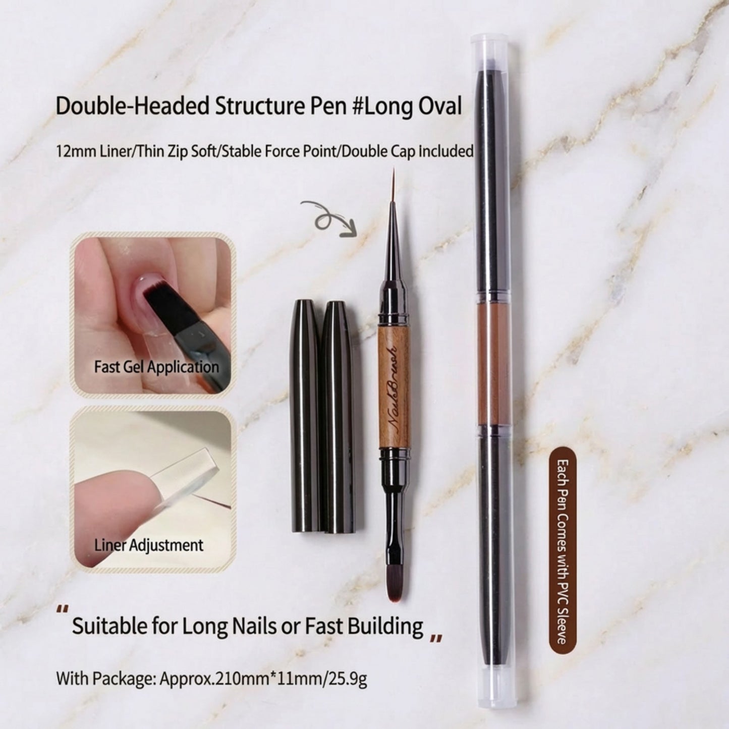 3-Piece Double-Ended Nail Art Brush Set with Wood Handles and Fine Detail Tips for Gel Acrylic and Nail Design