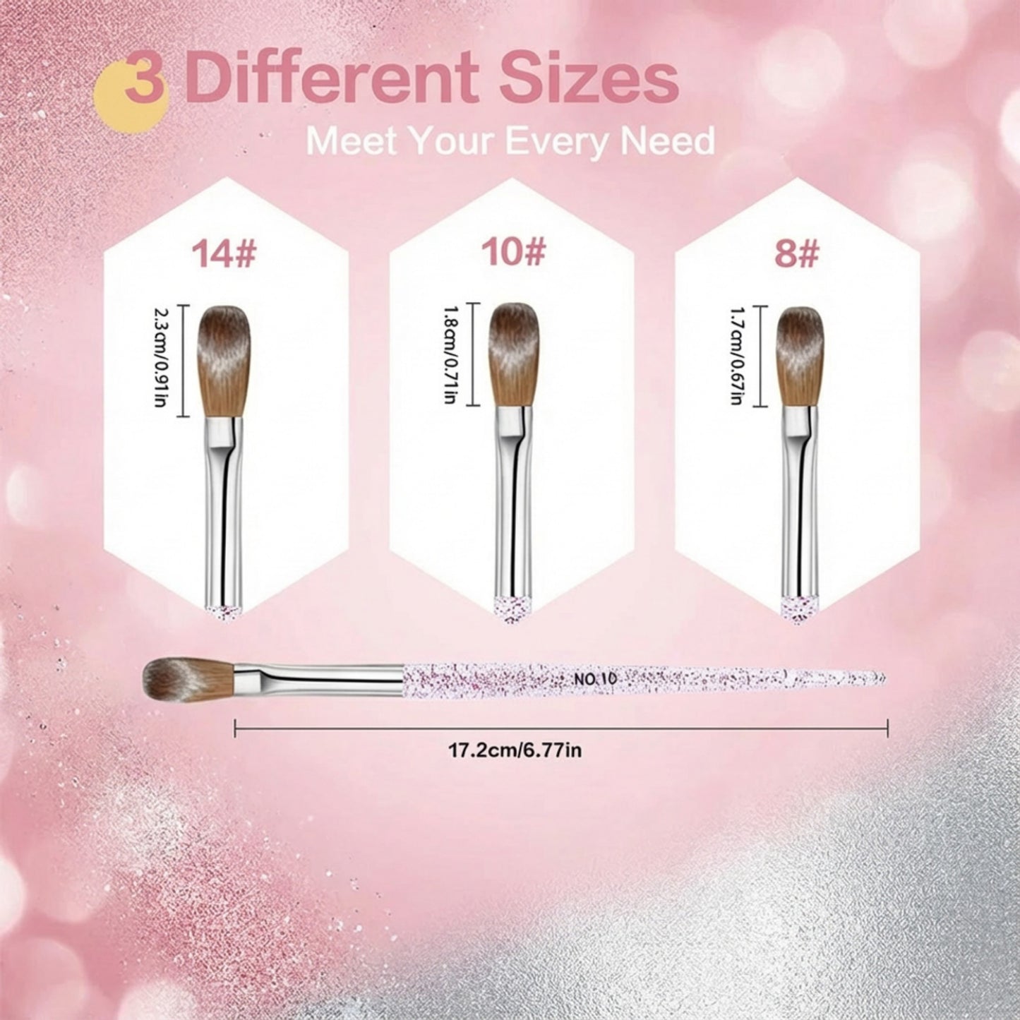 3-Piece Nail Art Brush Set with Glitter Acrylic Handles and Precision Tips for Gel Acrylic and Nail Design