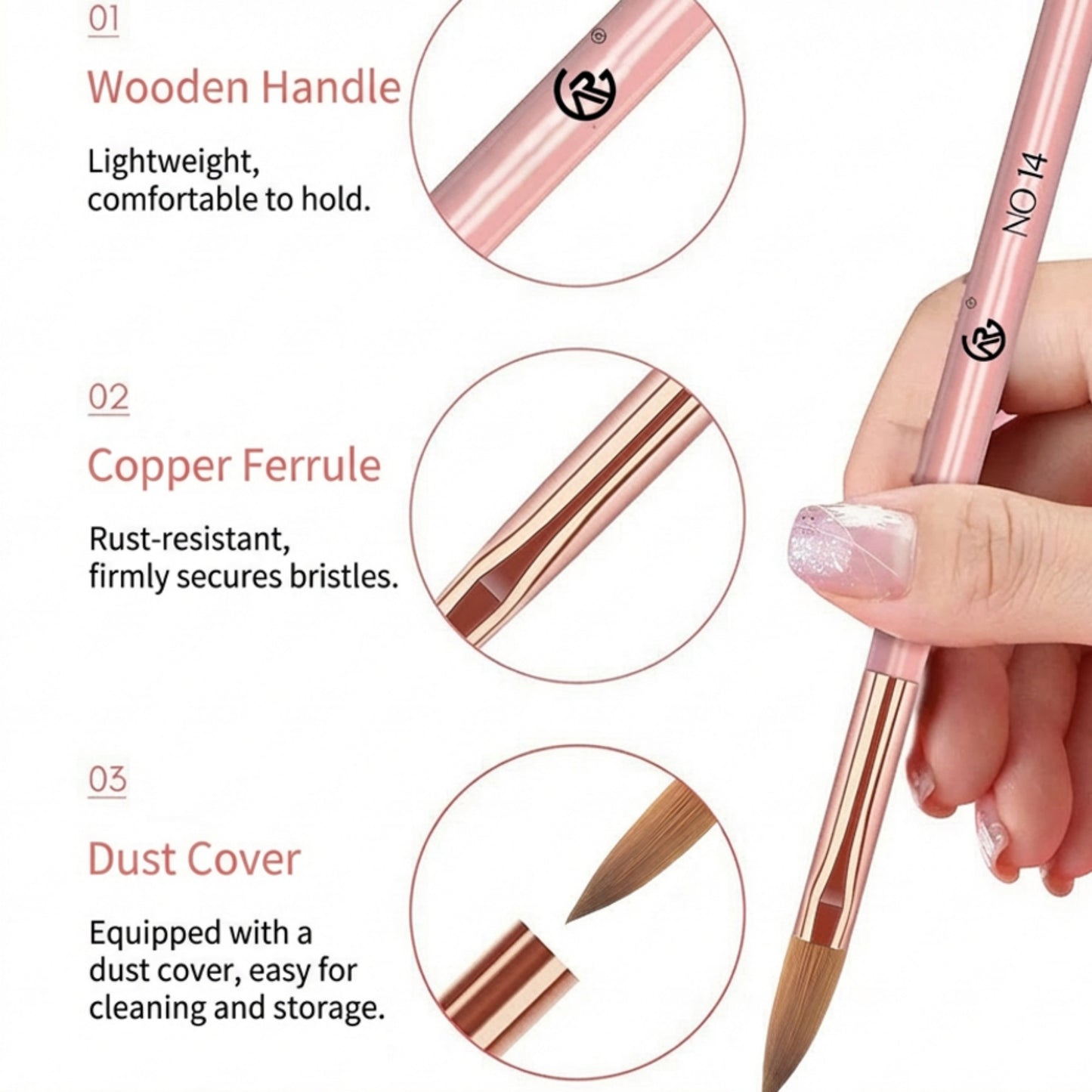 3-Piece Nail Art Brush Set with Acrylic Handles and Precision Tips for Gel and Acrylic Application