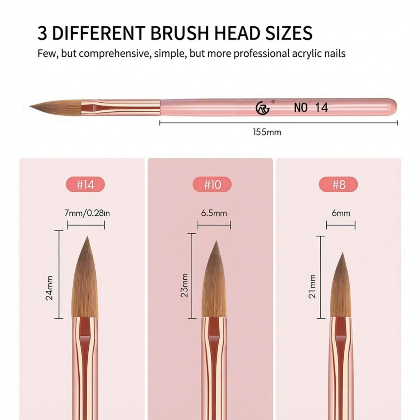 3-Piece Nail Art Brush Set with Acrylic Handles and Precision Tips for Gel and Acrylic Application