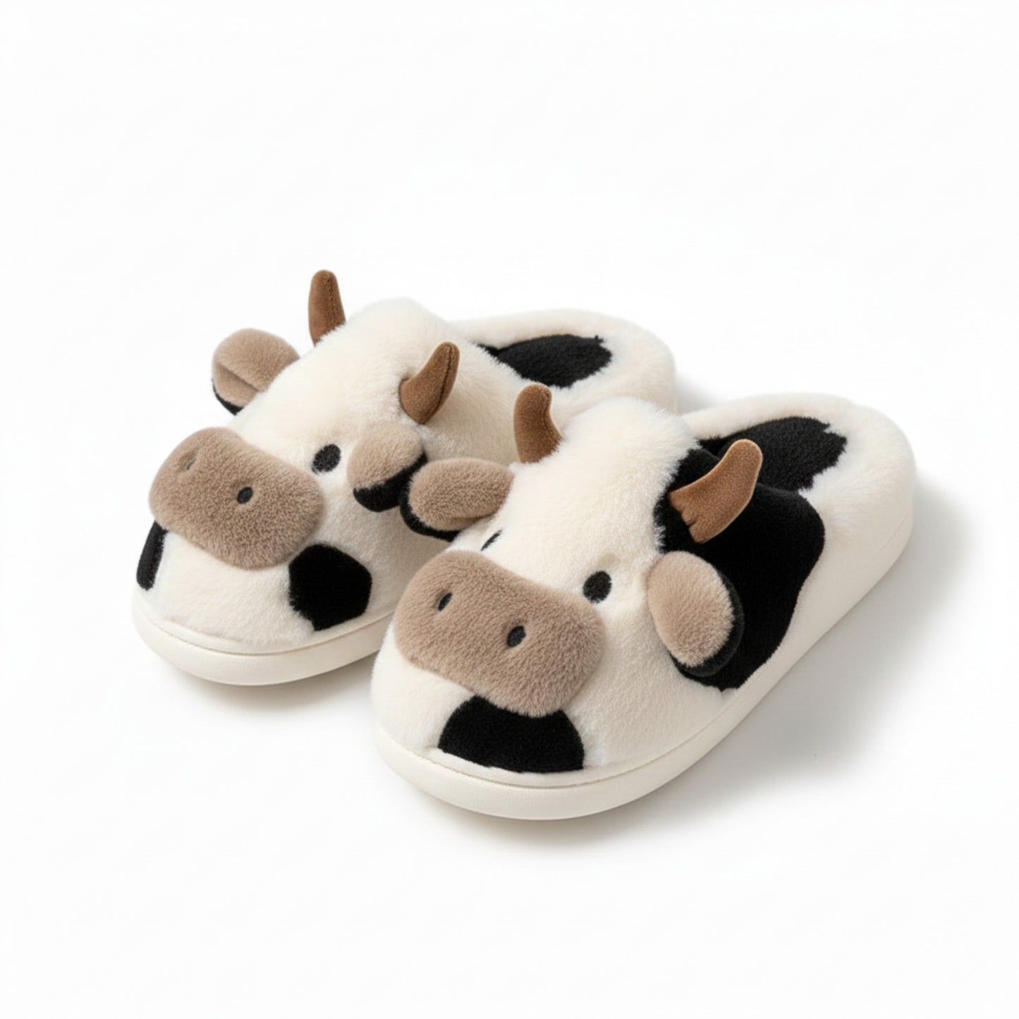 Lounge Women¡¯s Plush Cow Character Slide Slippers with Soft Faux Fur Texture and Cushioned Footbed