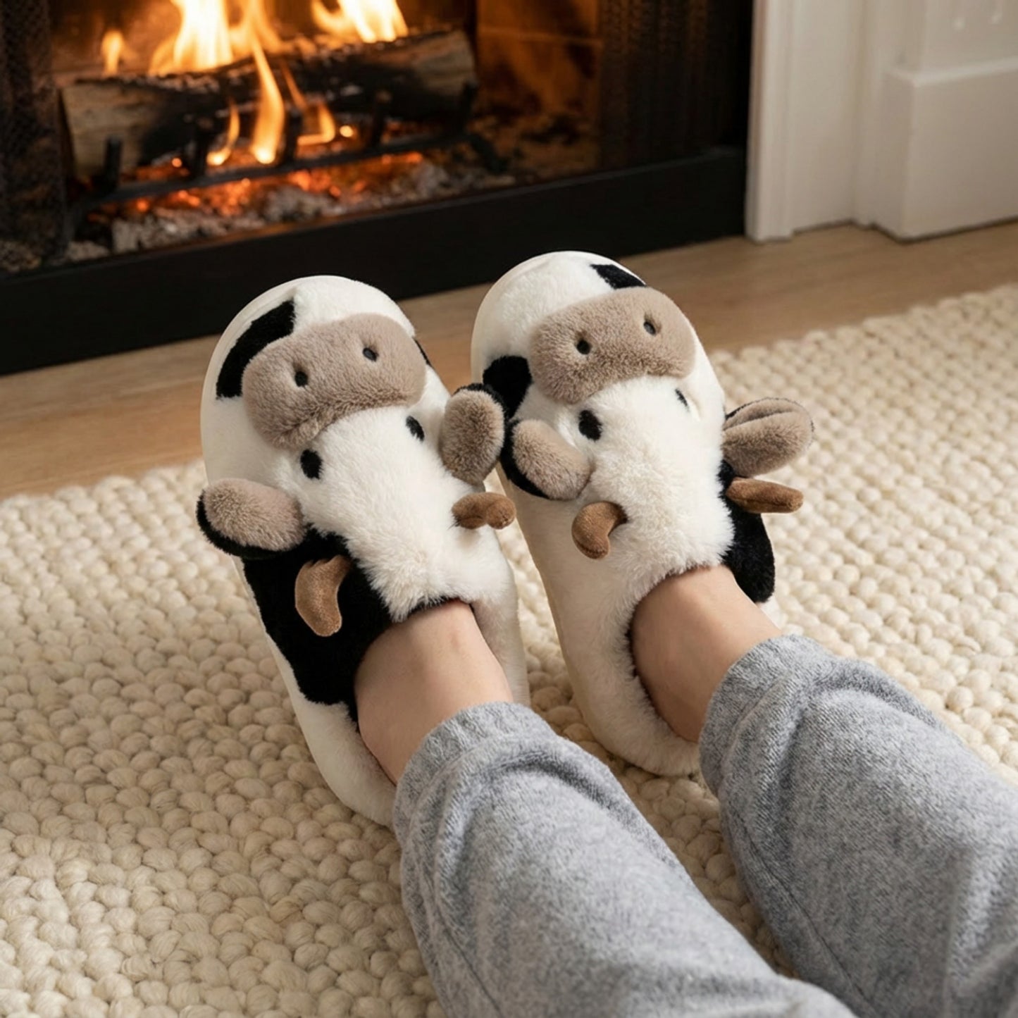 Lounge Women¡¯s Plush Cow Character Slide Slippers with Soft Faux Fur Texture and Cushioned Footbed