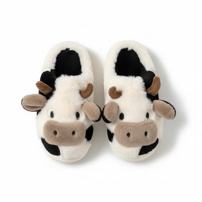 Lounge Women¡¯s Plush Cow Character Slide Slippers with Soft Faux Fur Texture and Cushioned Footbed