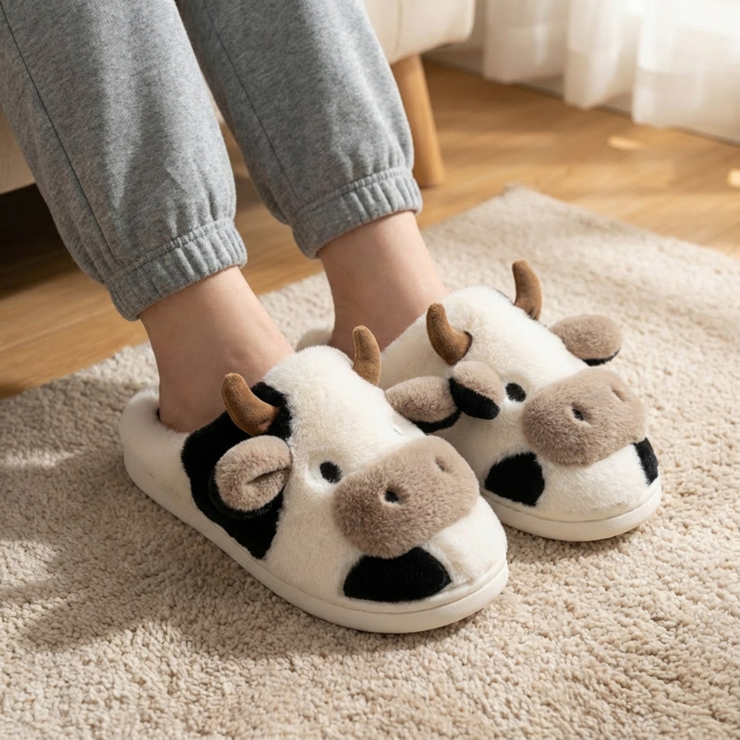 Lounge Women¡¯s Plush Cow Character Slide Slippers with Soft Faux Fur Texture and Cushioned Footbed