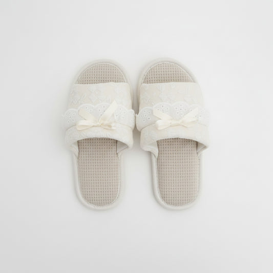 Lounge Women¡¯s Textured Slide Slippers with Valentine Lace Trim Bow Detail and Cushioned Footbed