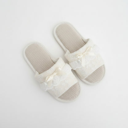 Lounge Women¡¯s Textured Slide Slippers with Valentine Lace Trim Bow Detail and Cushioned Footbed