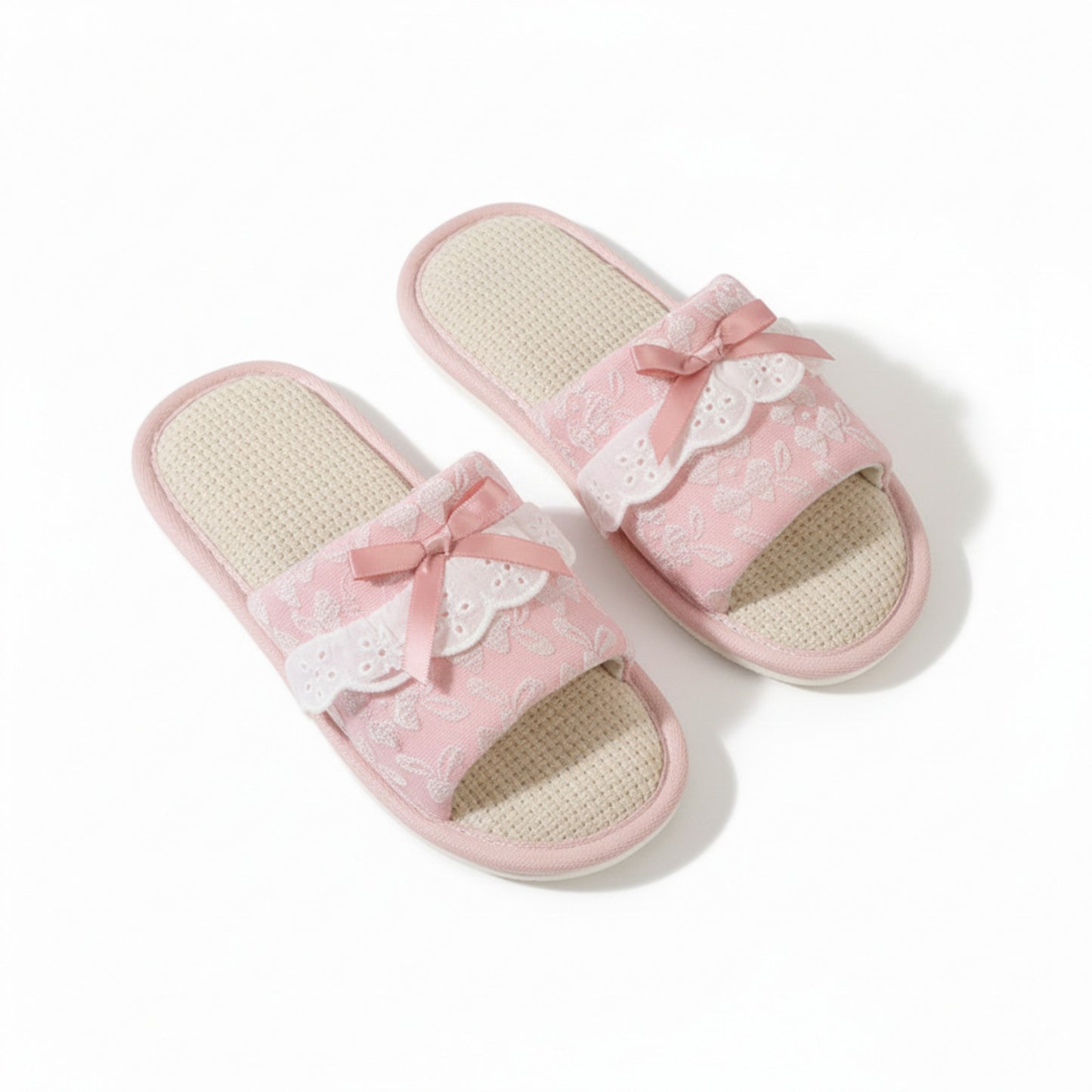 Lounge Women¡¯s Textured Slide Slippers with Valentine Lace Trim Bow Detail and Cushioned Footbed