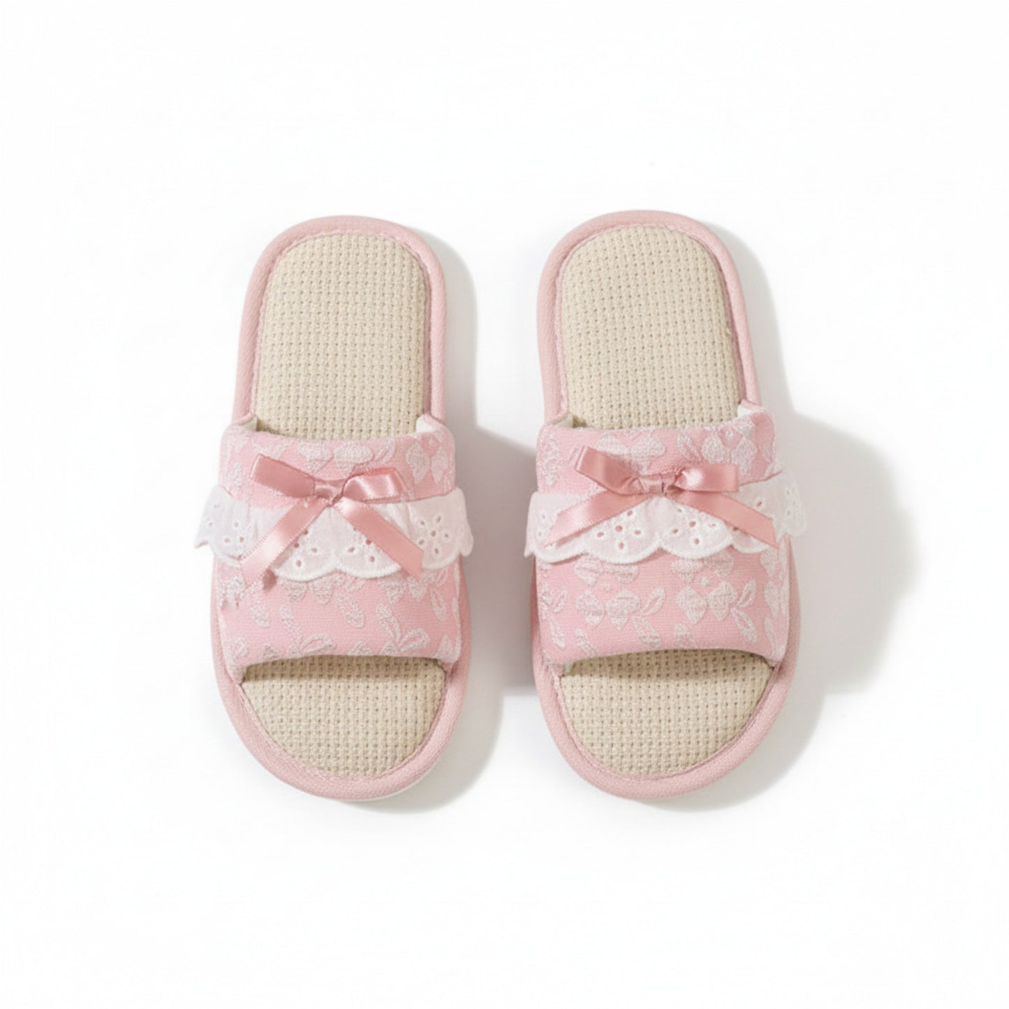 Lounge Women¡¯s Textured Slide Slippers with Valentine Lace Trim Bow Detail and Cushioned Footbed