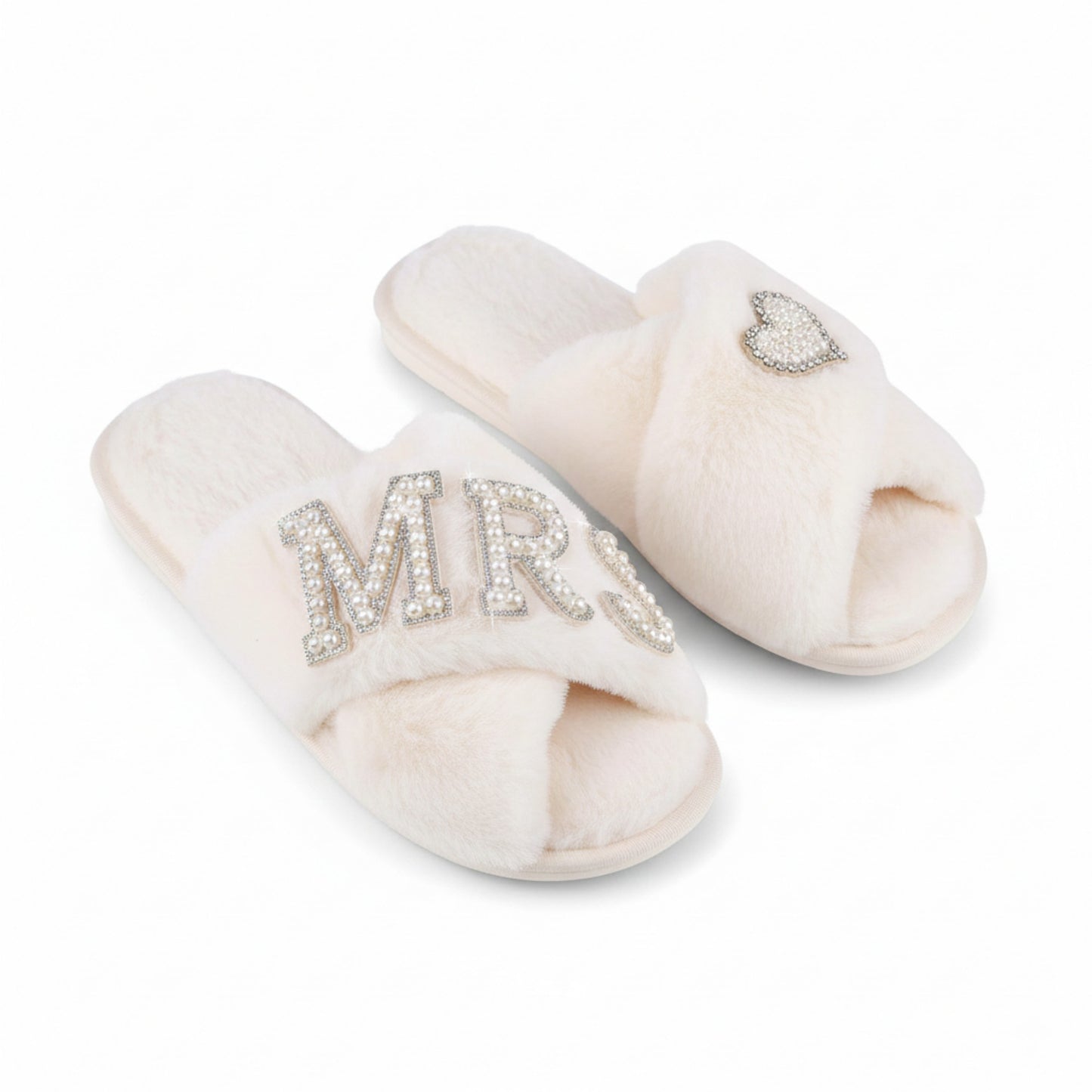 Lounge Women¡¯s Plush Crisscross Slide Slippers with Valentine Pearl Letter Embellishment and Cushioned Footbed