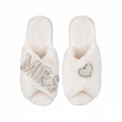 Lounge Women¡¯s Plush Crisscross Slide Slippers with Valentine Pearl Letter Embellishment and Cushioned Footbed