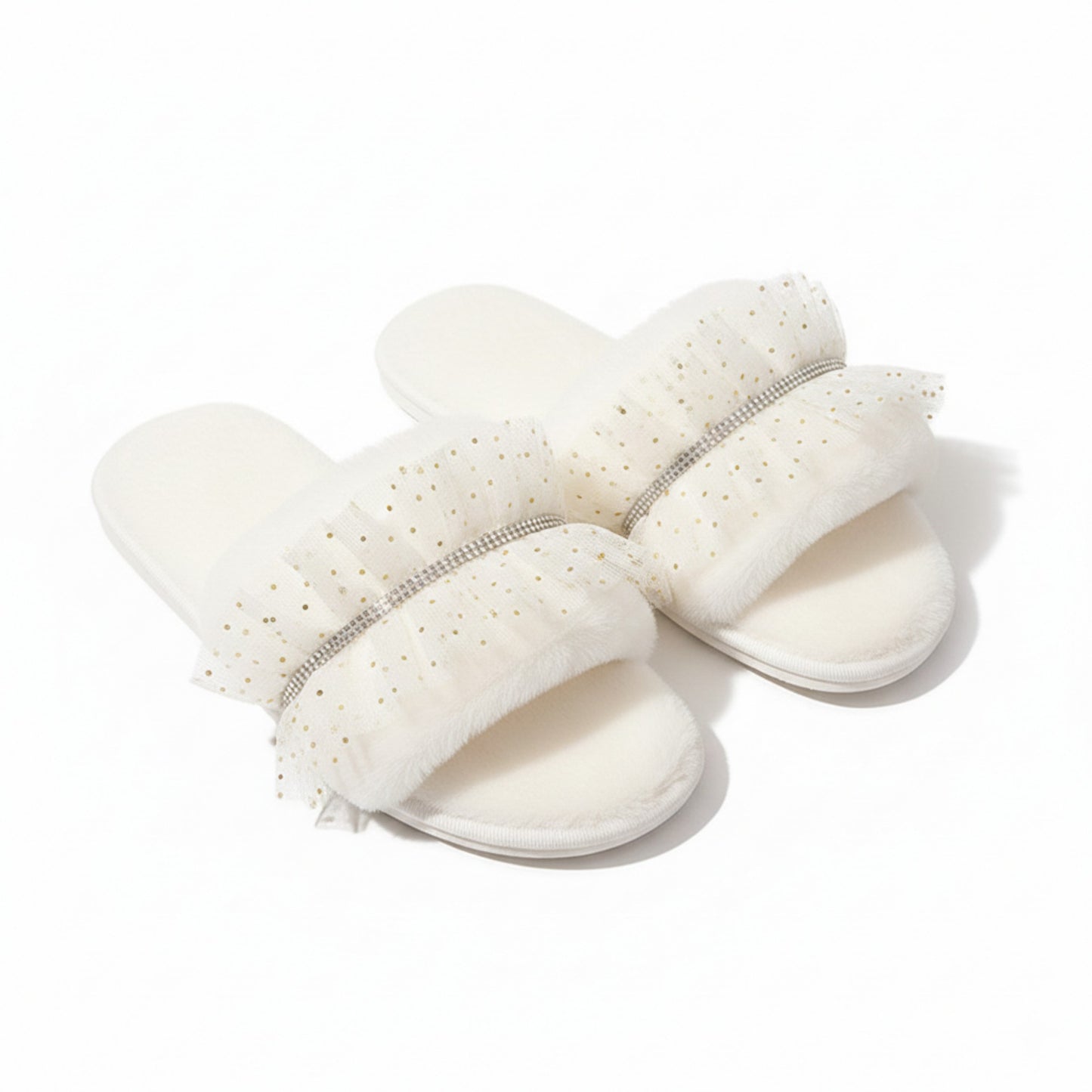 Lounge Women¡¯s Plush Slide Slippers with Sheer Polka Dot Ruffle Strap and Cushioned Footbed
