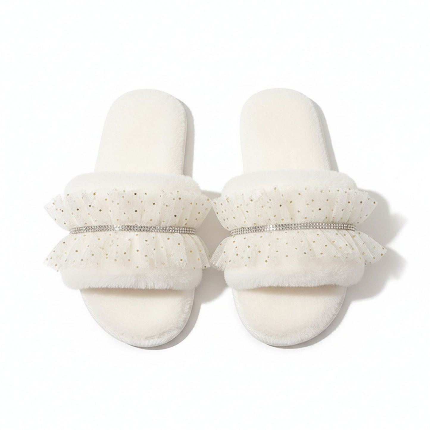 Lounge Women¡¯s Plush Slide Slippers with Sheer Polka Dot Ruffle Strap and Cushioned Footbed