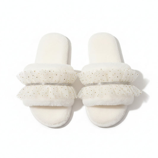 Lounge Women¡¯s Plush Slide Slippers with Sheer Polka Dot Ruffle Strap and Cushioned Footbed