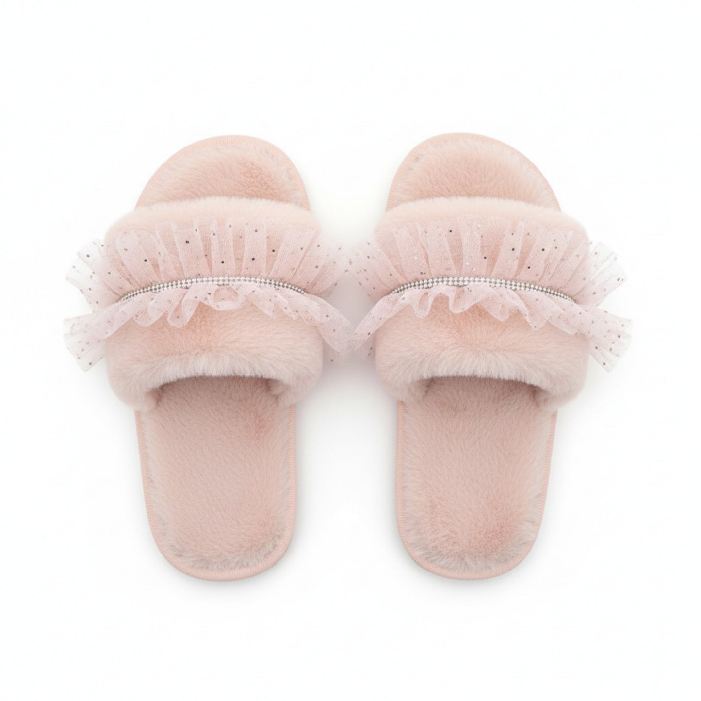 Lounge Women¡¯s Plush Slide Slippers with Sheer Polka Dot Ruffle Strap and Cushioned Footbed