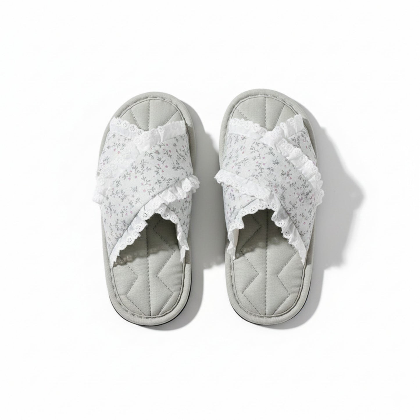 Lounge Women¡¯s Floral Print Slide Slippers with Valentine Ruffle Trim and Cushioned Quilted Footbed