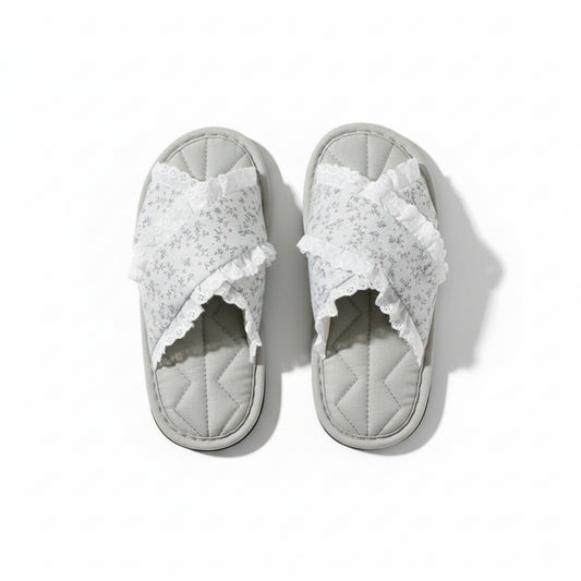 Lounge Women¡¯s Floral Print Slide Slippers with Valentine Ruffle Trim and Cushioned Quilted Footbed