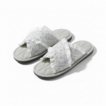 Lounge Women¡¯s Floral Print Slide Slippers with Valentine Ruffle Trim and Cushioned Quilted Footbed