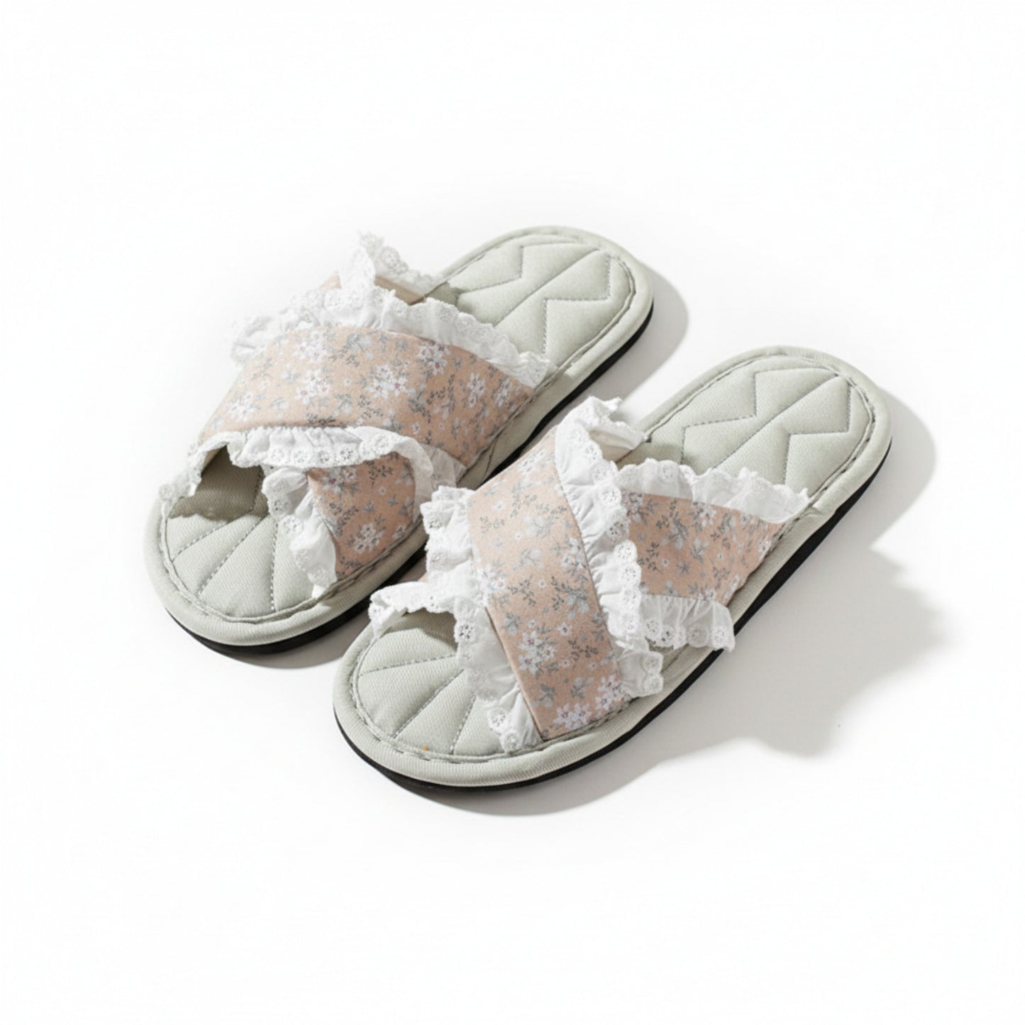 Lounge Women¡¯s Floral Print Slide Slippers with Valentine Ruffle Trim and Cushioned Quilted Footbed