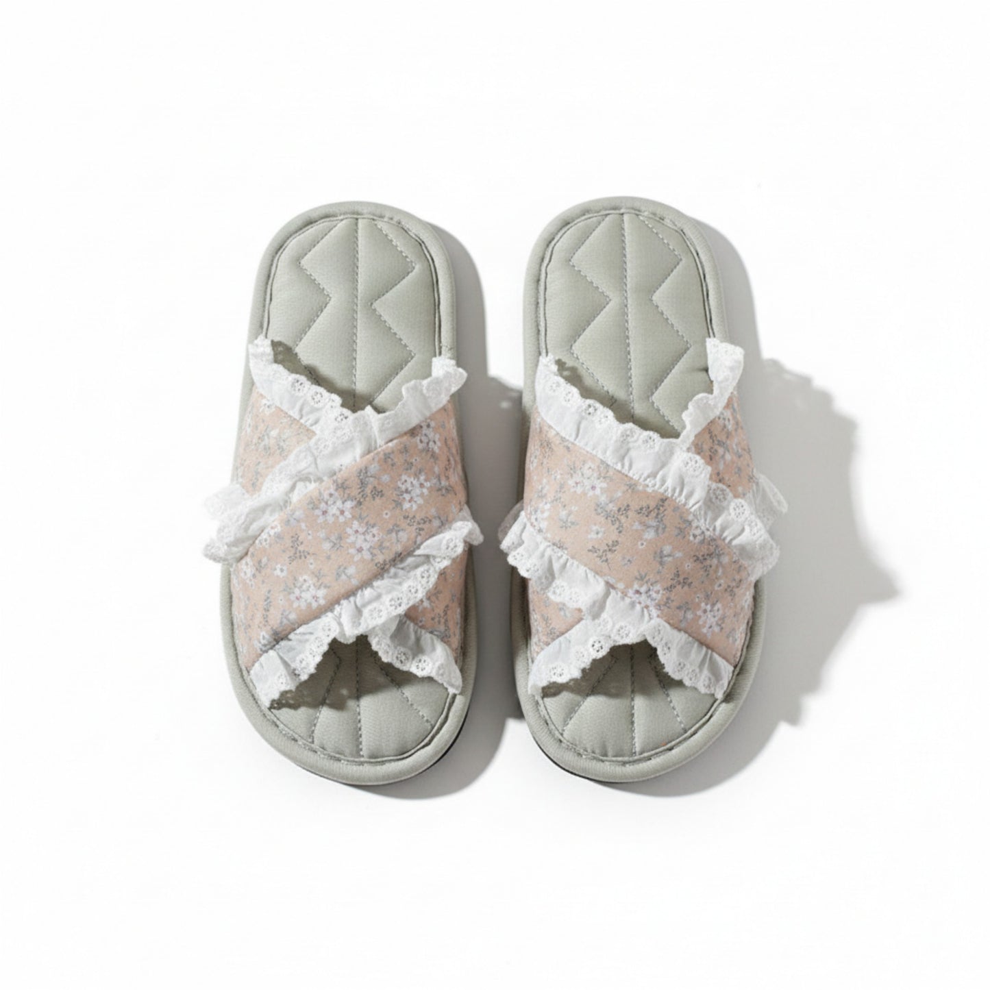 Lounge Women¡¯s Floral Print Slide Slippers with Valentine Ruffle Trim and Cushioned Quilted Footbed