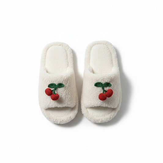 Lounge Women¡¯s Plush Open-Toe Slide Slippers with Valentine Soft Fleece Texture and Cherry Applique Detail
