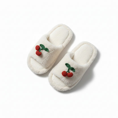 Lounge Women¡¯s Plush Open-Toe Slide Slippers with Valentine Soft Fleece Texture and Cherry Applique Detail