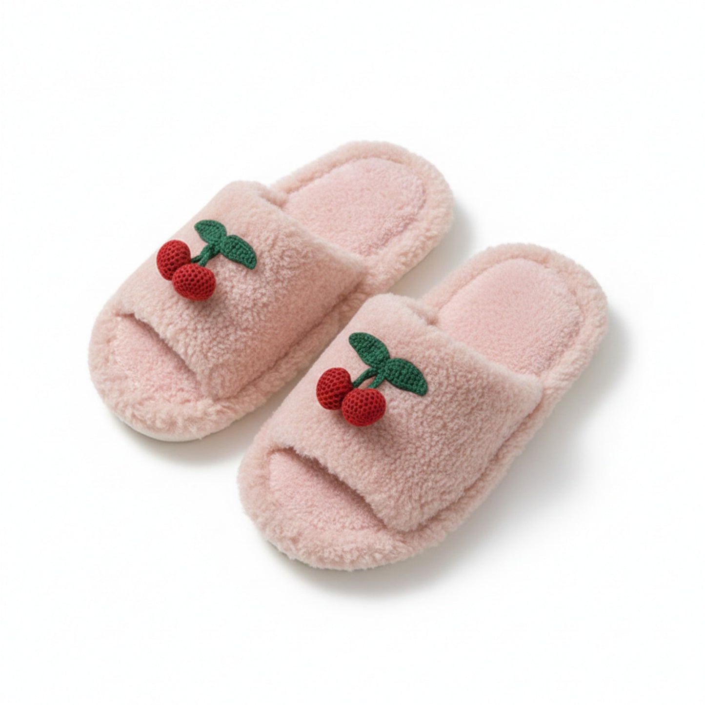Lounge Women¡¯s Plush Open-Toe Slide Slippers with Valentine Soft Fleece Texture and Cherry Applique Detail