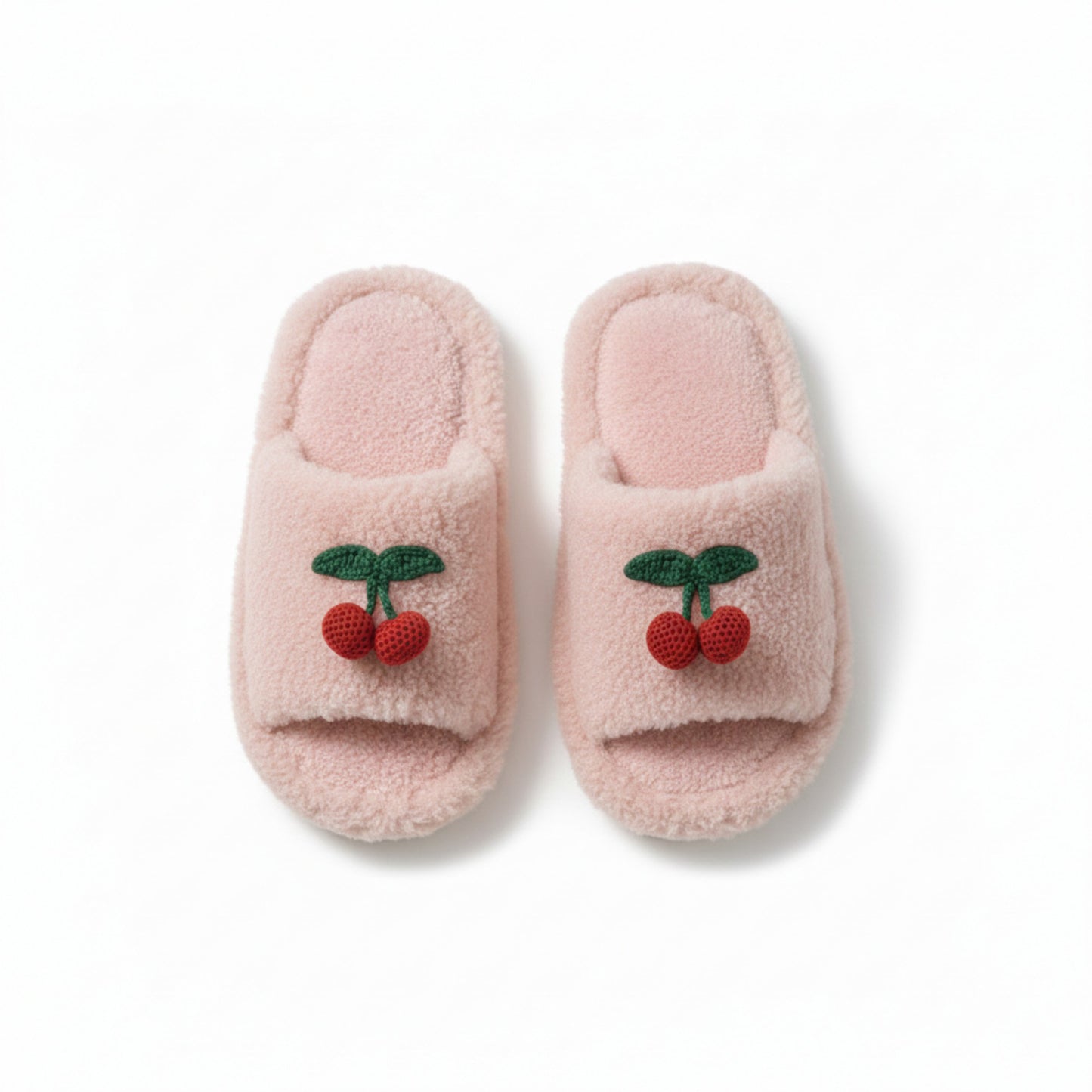 Lounge Women¡¯s Plush Open-Toe Slide Slippers with Valentine Soft Fleece Texture and Cherry Applique Detail